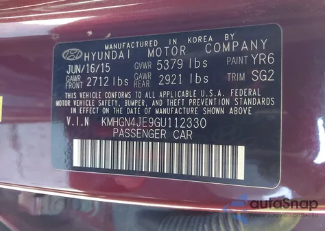 2016 Hyundai Genesis 3.8 from USA, damaged, VIN KMHGN4JE9GU112330